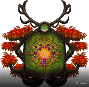 Herb Księstwa Leśnych Elfów w Araulenie, który przedstawia słońce, krzerwy winogron, łuk oraz kołczan na zielonym tle. Płomienne liście wokół herbu są symbolem pochodzenia elfów z rodowodu Isil'ames