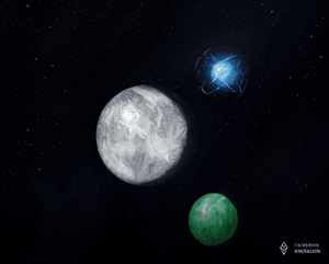 Obrazek przedstawia Trzy Księżyce Angvalionu: biały Lindter-Morgen, zielony Ash’ëi oraz niebieski Zümer-Zemlin