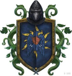 Herb Księstwa Birchton, który przedstawia symbole: przebite dwoma strzałami serce, kruk oraz złote słońce na granatowym tle