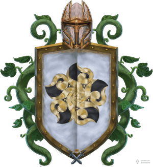 Herb Księstwa Casterville, który przedstawia złoto-czarną różę rodu Maravel na białym tle