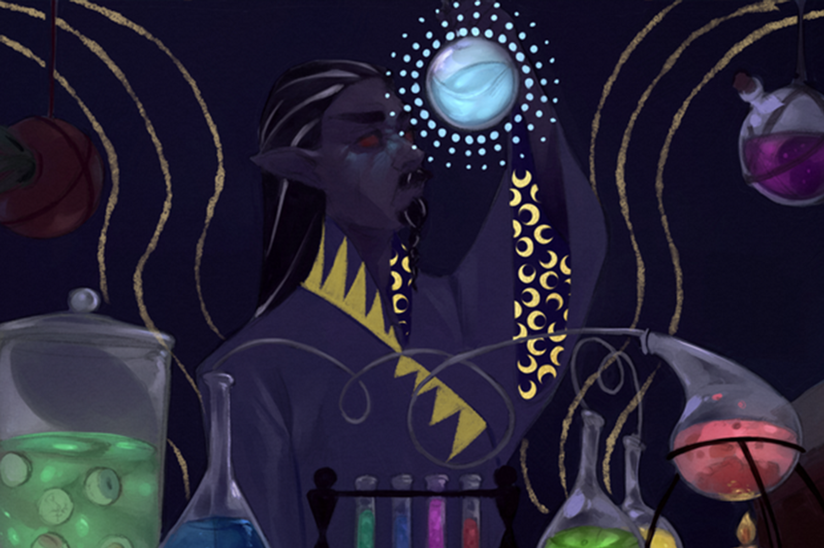 Obrazek przedstawia alchemika Ellerian w pracy