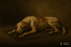 Obrazek przedstawia osowiałego psa cierpiącego na Plagę Galahada