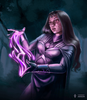 Obrazek przedstawia Josephine Silverflaw, jedną z ofiar magii krwi - ma czerwone oko oraz blizny