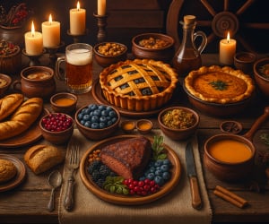 Obrazek przedstawia dania oraz napoje kuchni arauleńskiej